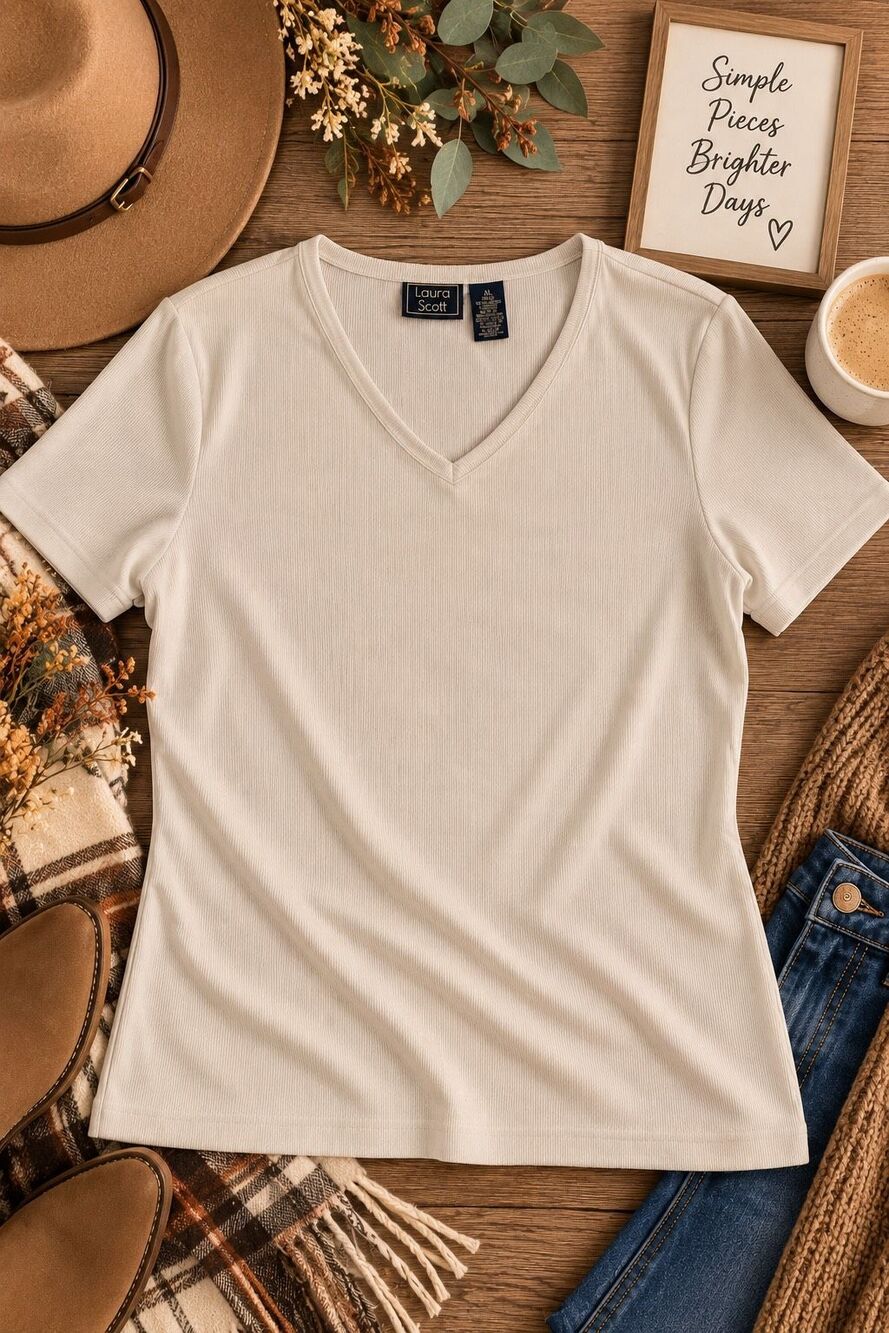Laura Scott Women’s XL Ribbed V-Neck Short Sleeve Knit Top Classic Basic